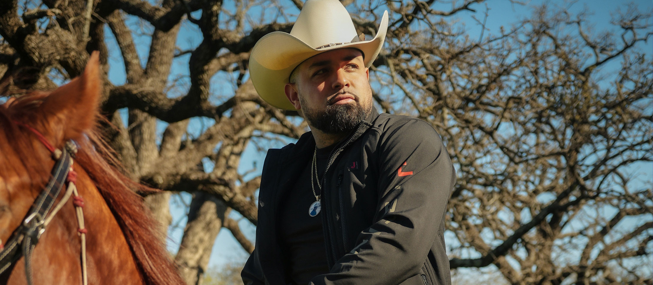 A man, Louie The Singer, dressed as a cowboy, riding a red horse.